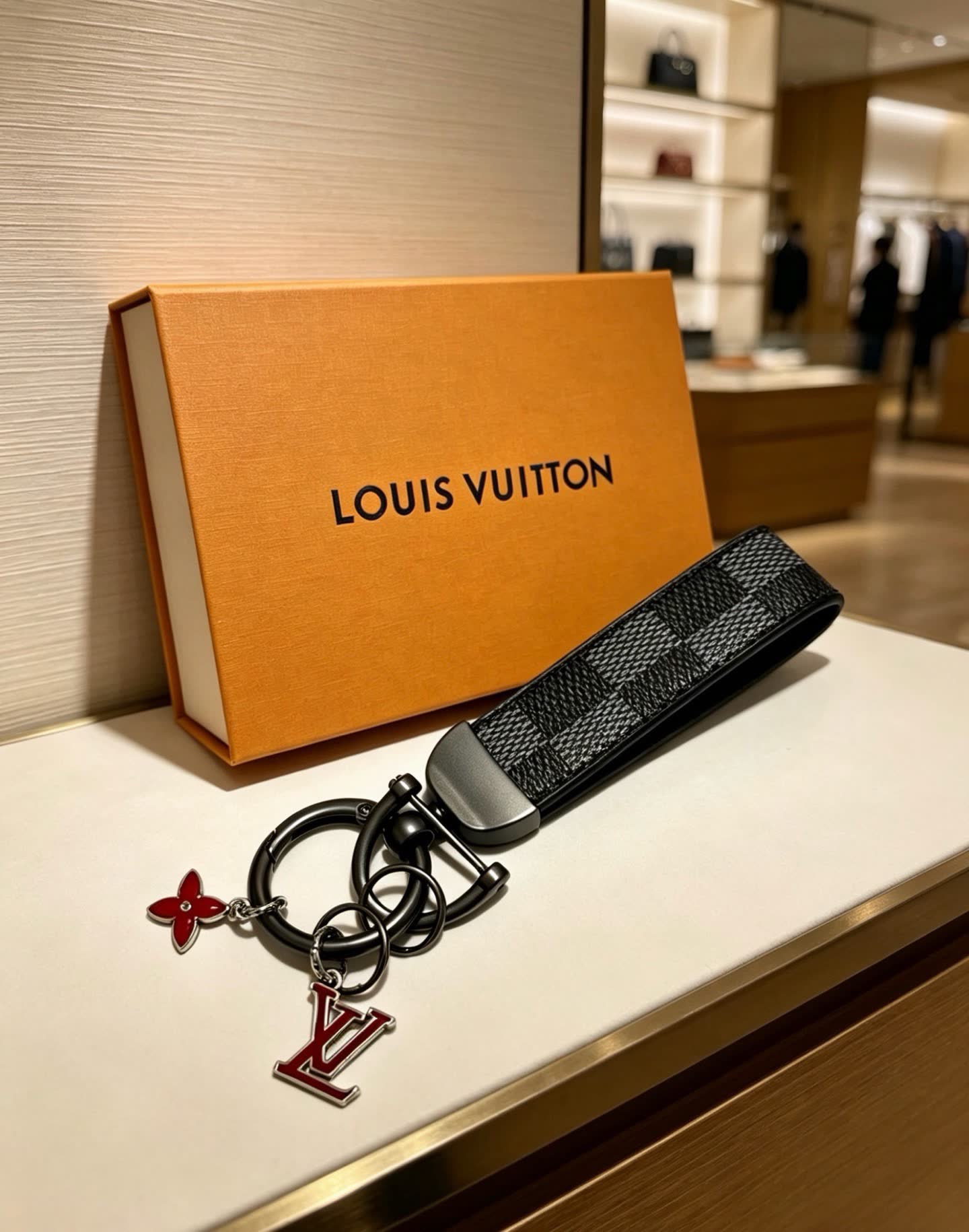 Louis Vuitton Keychain with Monogram Pattern and Logo Charm